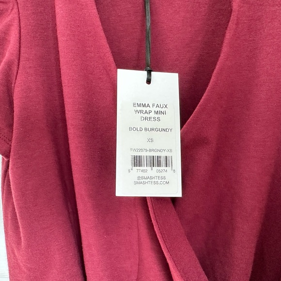 Smash + Tess Emma Faux Wrap Mini Dress in Bold Burgundy size XS - Picture 4 of 5